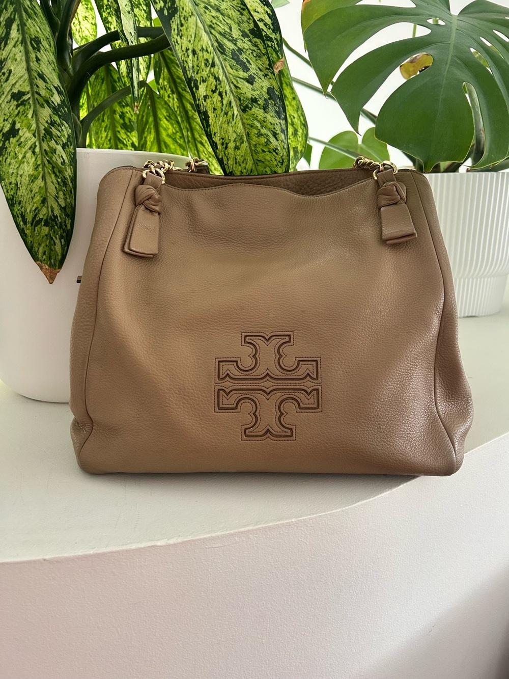 Tory Burch Harper Leather Tote Bag -Bedrock/Vintage Camel (Includes Dust bag!)